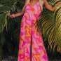 Pink Boho Abstract Print V Neck Wide Leg Jumpsuit