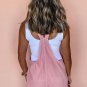 Pink Solid Color Knot Straps Denim Romper with Pockets