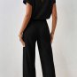 Black Solid Color Ribbed Short Sleeve Wide Leg Jumpsuit