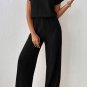 Black Solid Color Ribbed Short Sleeve Wide Leg Jumpsuit