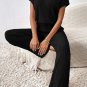 Black Solid Color Ribbed Short Sleeve Wide Leg Jumpsuit