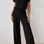 Black Solid Color Ribbed Short Sleeve Wide Leg Jumpsuit
