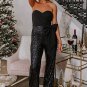 Black Sequined Tube Top Waist Knot Wide Leg Jumpsuit