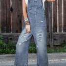 Stone Blue Distressed Bib Pocket Wide Leg Denim Overall
