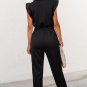 Black Zipper Flutter Sleeve Drawstring High Waist Jumpsuit