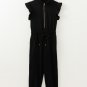 Black Zipper Flutter Sleeve Drawstring High Waist Jumpsuit
