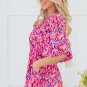 Pink Abstract Print Puff Sleeve V Neck High Waist Romper