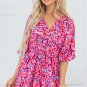 Pink Abstract Print Puff Sleeve V Neck High Waist Romper
