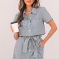 Blue Stripe Chest Pockets Buttoned Belted High Waist Romper