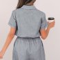 Blue Stripe Chest Pockets Buttoned Belted High Waist Romper