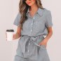 Blue Stripe Chest Pockets Buttoned Belted High Waist Romper