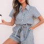 Blue Stripe Chest Pockets Buttoned Belted High Waist Romper