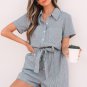 Blue Stripe Chest Pockets Buttoned Belted High Waist Romper