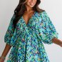 Green Abstract Print Puff Sleeve V Neck High Waist Romper