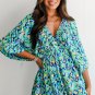 Green Abstract Print Puff Sleeve V Neck High Waist Romper