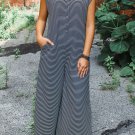 Black white Striped Print Buttoned Wide Leg Sleeveless Jumpsuit