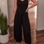 Black Spaghetti Straps Open Back Pleated Wide Leg Jumpsuit