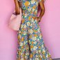 Yellow Floral Allover Print Shirred Cut Out High Waist Jumpsuit