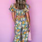 Yellow Floral Allover Print Shirred Cut Out High Waist Jumpsuit
