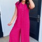 Bright Pink Terry Textured Sleeveless Button Front Wide Leg Jumpsuit