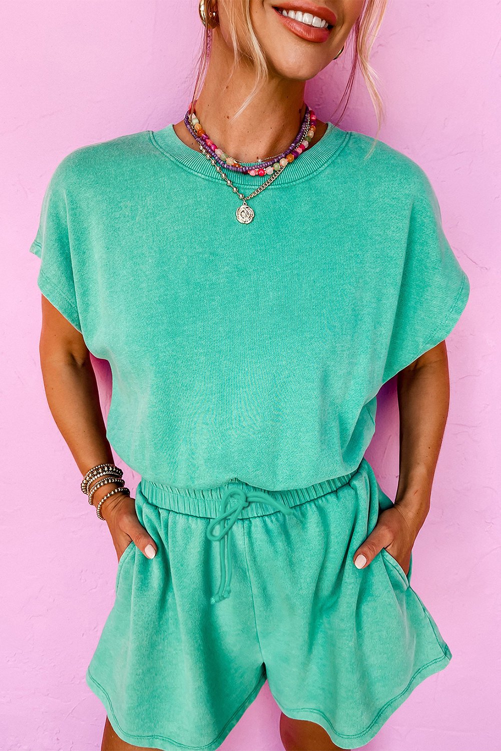 Sea Green Mineral Wash Drawstring Waist Short Sleeve Romper