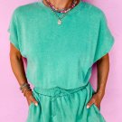 Sea Green Mineral Wash Drawstring Waist Short Sleeve Romper