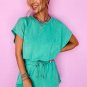 Sea Green Mineral Wash Drawstring Waist Short Sleeve Romper