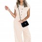 Apricot Checkered Print Buttoned Crew Neck Wide Leg Jumpsuit