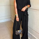 Black Checkered Mesh One Shoulder Short Sleeve Knotted Waist Jumpsuit