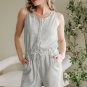 Light Grey Waffle Knit Sleeveless Buttoned Front Drawstring Waist Romper