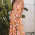 Orange Floral V Neck Wide Leg Sleeveless Jumpsuit