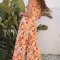 Orange Floral V Neck Wide Leg Sleeveless Jumpsuit