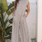 Khaki Checkered Print Buttoned Crew Neck Wide Leg Jumpsuit