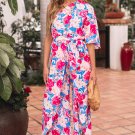 Pink Floral Print Asymmetrical Neckline Single Shoulder Belted Jumpsuit