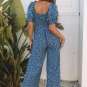 Blue Vintage Boho Floral Smocked Short Puff Sleeve Wide Leg Jumpsuit
