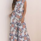 Sky Blue Floral Sleeveless Buttoned Pocketed Wide Leg Jumpsuit