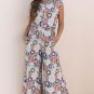 Sky Blue Floral Sleeveless Buttoned Pocketed Wide Leg Jumpsuit