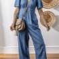 Ashleigh Blue V Neck Short Sleeve Smocked Back Denim Loose Jumpsuit