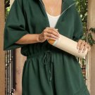 Blackish Green Collared Half Zip French Terry Knit Drawstring Romper