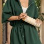 Blackish Green Collared Half Zip French Terry Knit Drawstring Romper