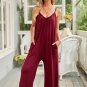 Fiery Red Spaghetti Straps Wide Leg Pocketed Jumpsuits
