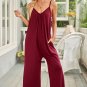 Fiery Red Spaghetti Straps Wide Leg Pocketed Jumpsuits