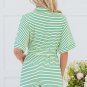 Green Stripe Textured Short Sleeve Collared Buttoned Waist Tie Romper