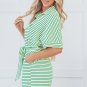 Green Stripe Textured Short Sleeve Collared Buttoned Waist Tie Romper