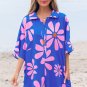 Blue Summer Flower Print Shirt Collar Button Front Loose Romper