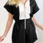 Black Contrast Collar Patchwork Zip Front Romper