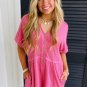 Bright Pink Spiral Ribbed Short Sleeve V Neck Buttoned Romper with Pocket