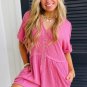 Bright Pink Spiral Ribbed Short Sleeve V Neck Buttoned Romper with Pocket