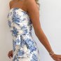 Sky Blue Floral Print Strapless Zipped Back Knot Waist Ruffled Romper