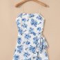 Sky Blue Floral Print Strapless Zipped Back Knot Waist Ruffled Romper